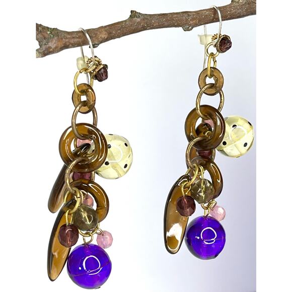 Vintage Lalo Resin Art EARRINGS 3.5" Dangle Drop Gold Brown Purple French Wire - Picture 5 of 6
